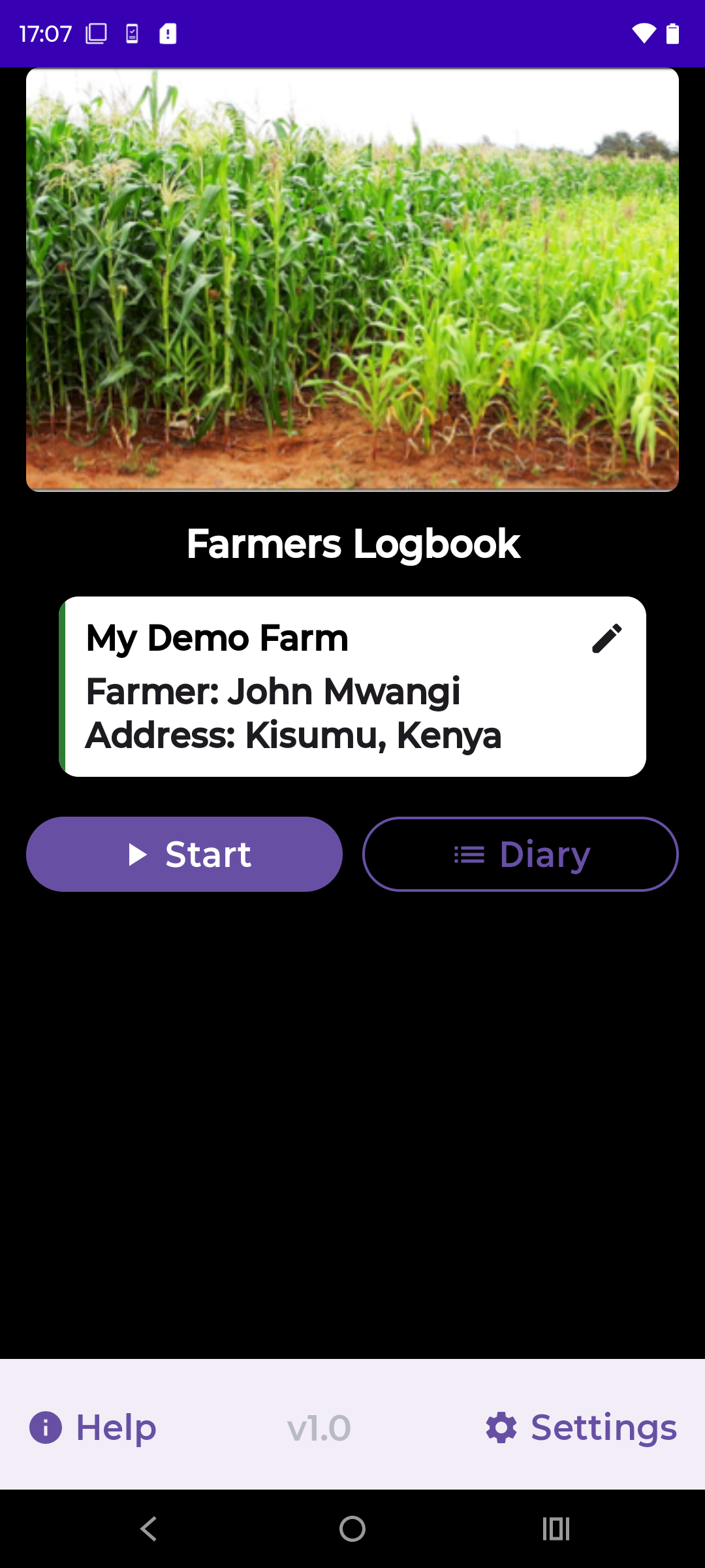 Welcome screen of Farmers' Logbook