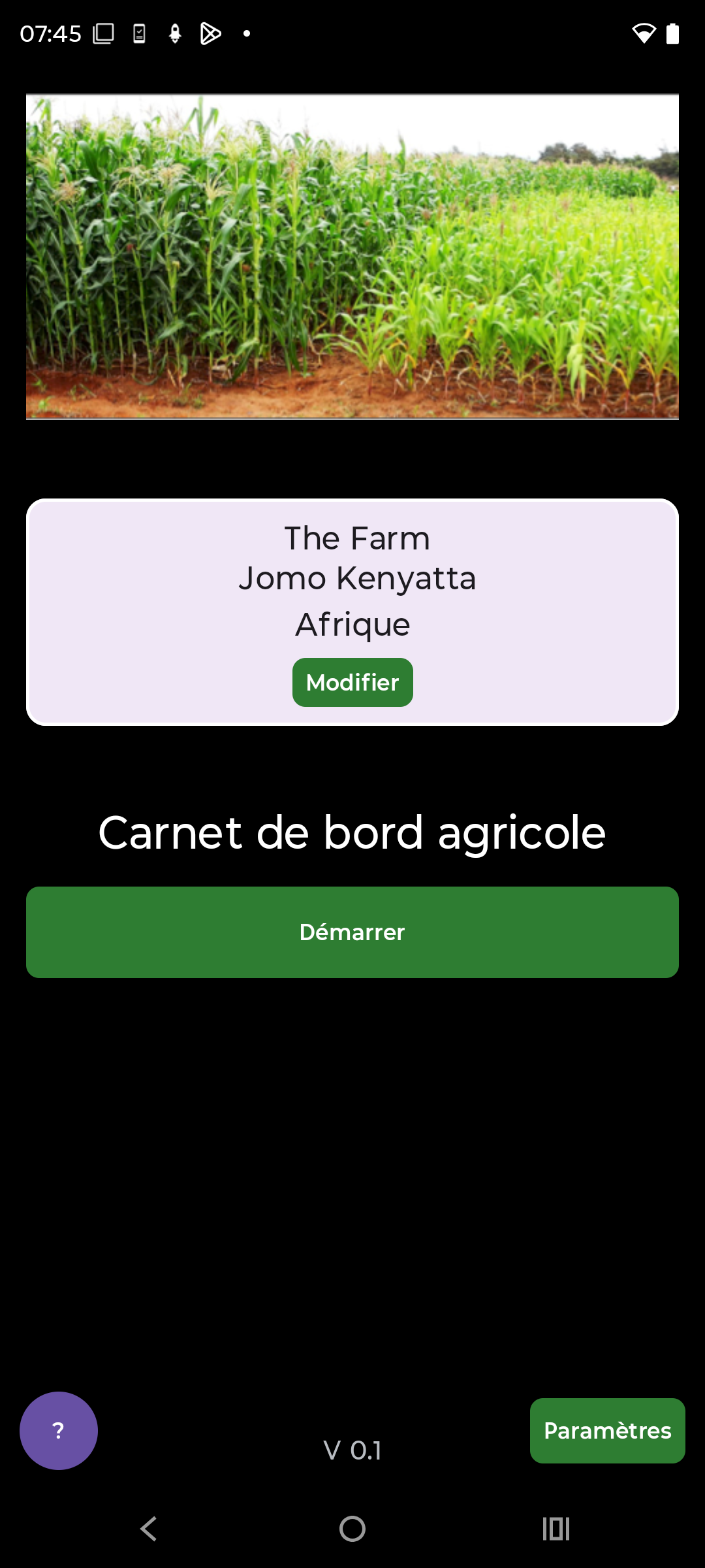 Welcome screen of Farmers' Logbook